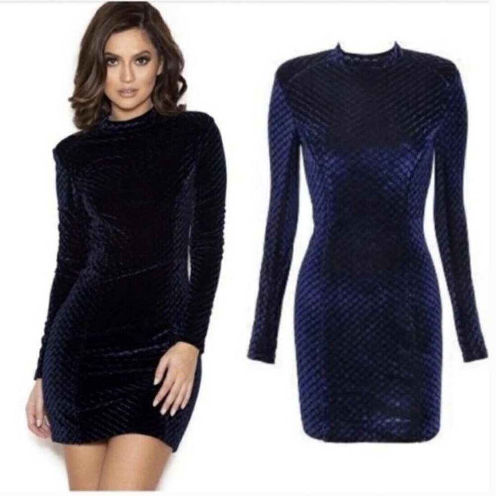 House of CB‎ Escalia Blue Velvet Dress Size Large Long Sleeves